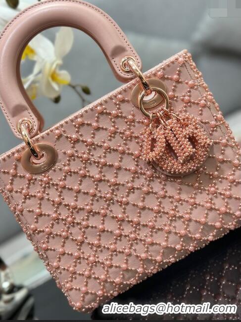 Luxurious Grade Dior Lady Dior Small Bag with Resin Pearls Embroidery M0538 Pink 2024