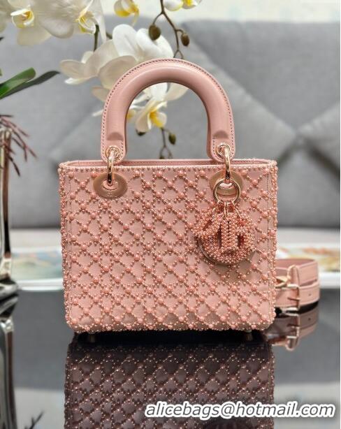 Luxurious Grade Dior Lady Dior Small Bag with Resin Pearls Embroidery M0538 Pink 2024