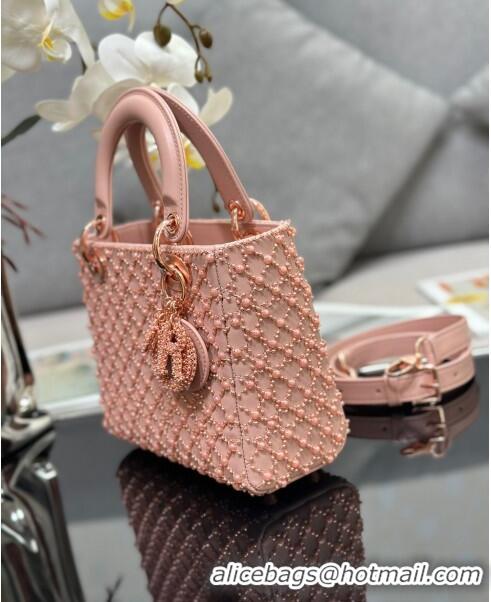 Luxurious Grade Dior Lady Dior Small Bag with Resin Pearls Embroidery M0538 Pink 2024