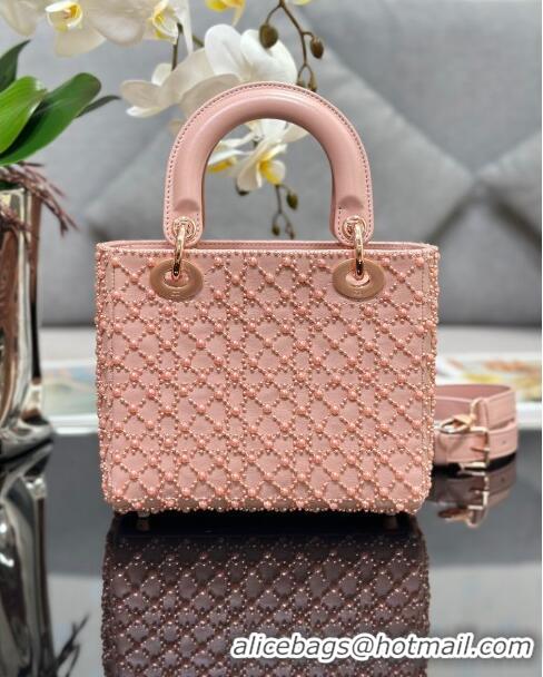 Luxurious Grade Dior Lady Dior Small Bag with Resin Pearls Embroidery M0538 Pink 2024