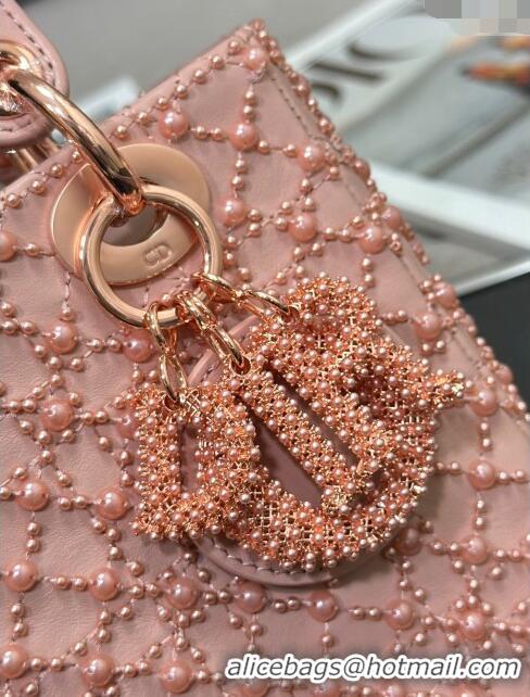 Luxurious Grade Dior Lady Dior Small Bag with Resin Pearls Embroidery M0538 Pink 2024