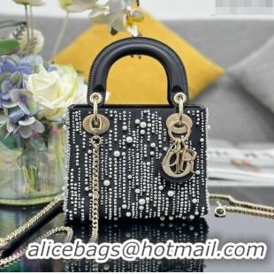 Best Grade Dior Lady Dior Mini Bag with Pearls M0505 Black 2024