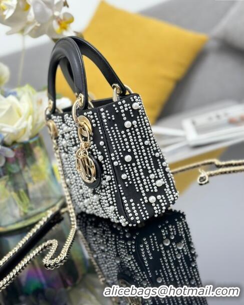 Best Grade Dior Lady Dior Mini Bag with Pearls M0505 Black 2024