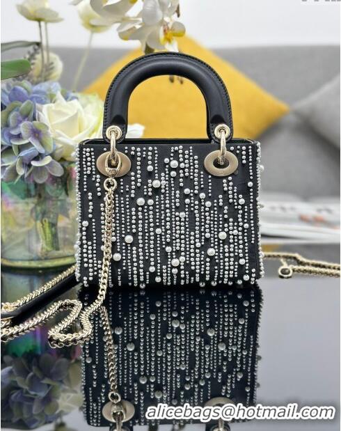 Best Grade Dior Lady Dior Mini Bag with Pearls M0505 Black 2024