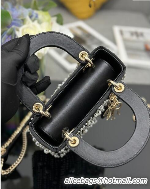 Best Grade Dior Lady Dior Mini Bag with Pearls M0505 Black 2024