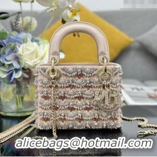 Most Popular Dior Lady Dior Mini Bag with Beads & Crystals Embroidery M0505 Beige 2024