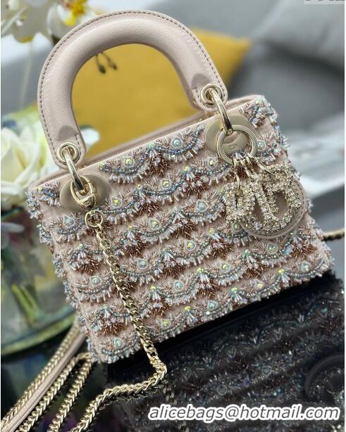 Most Popular Dior Lady Dior Mini Bag with Beads & Crystals Embroidery M0505 Beige 2024