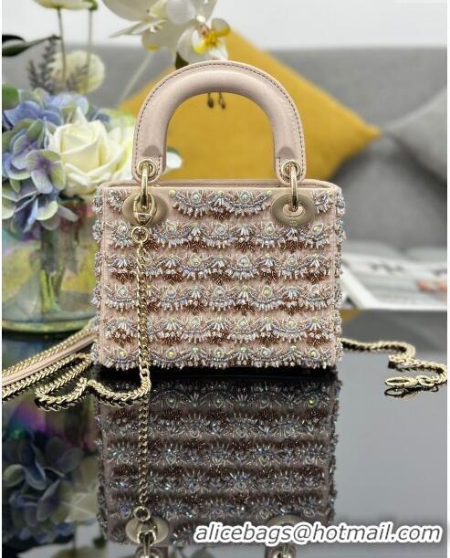 Most Popular Dior Lady Dior Mini Bag with Beads & Crystals Embroidery M0505 Beige 2024