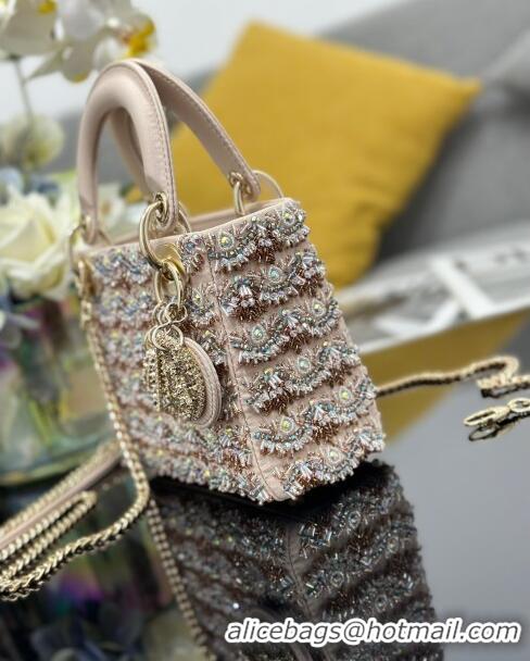 Most Popular Dior Lady Dior Mini Bag with Beads & Crystals Embroidery M0505 Beige 2024