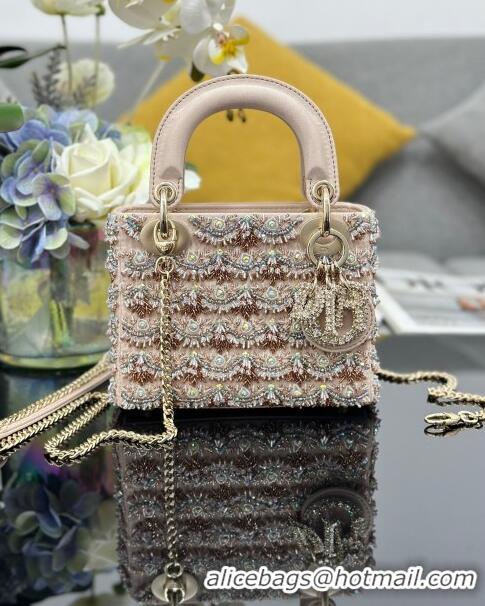 Most Popular Dior Lady Dior Mini Bag with Beads & Crystals Embroidery M0505 Beige 2024