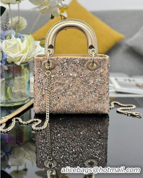 Super Quality Dior Lady Dior Mini Bag with Crystals Embroidery M0505 Gold 2024