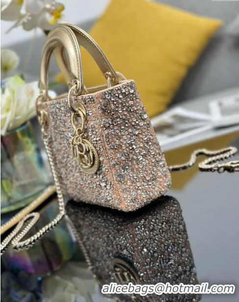 Super Quality Dior Lady Dior Mini Bag with Crystals Embroidery M0505 Gold 2024