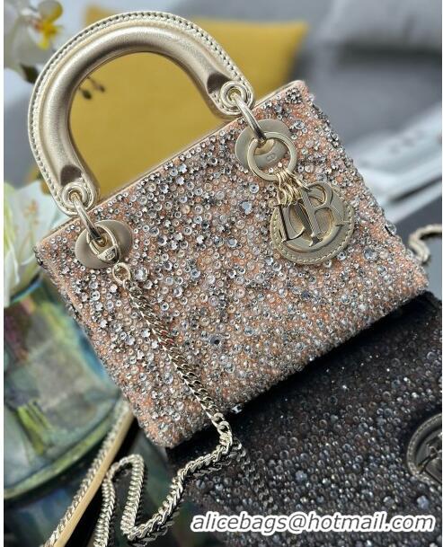 Super Quality Dior Lady Dior Mini Bag with Crystals Embroidery M0505 Gold 2024