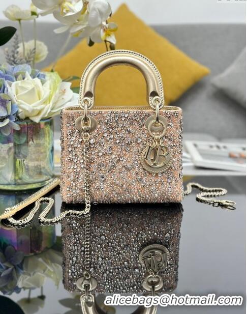 Super Quality Dior Lady Dior Mini Bag with Crystals Embroidery M0505 Gold 2024