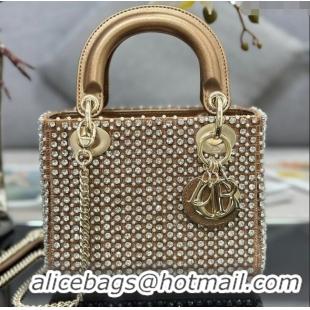 Original Cheap Dior Lady Dior Mini Bag with Crystals Embroidery M0505 Gold 02 2024