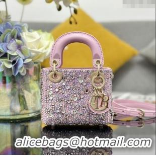 Top Design Dior Lady Dior Micro Bag in Satin with Crystals S0856 Pink 2024