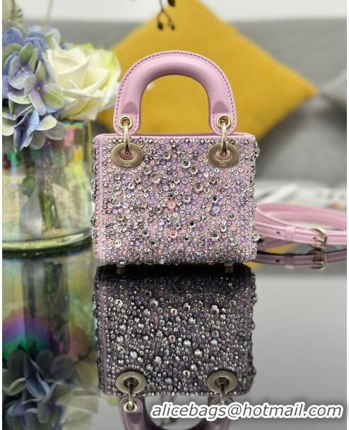 Top Design Dior Lady Dior Micro Bag in Satin with Crystals S0856 Pink 2024