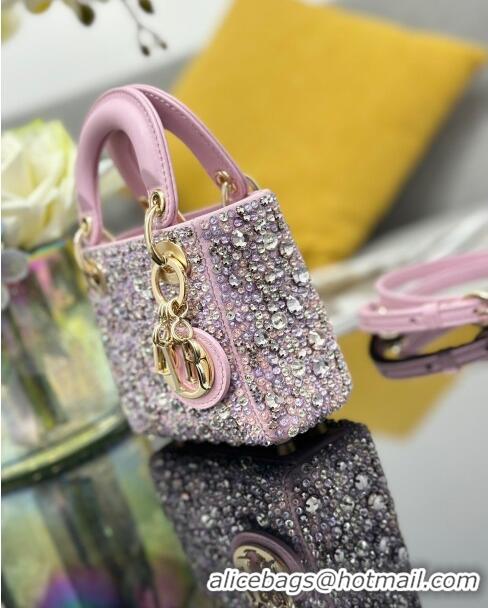 Top Design Dior Lady Dior Micro Bag in Satin with Crystals S0856 Pink 2024