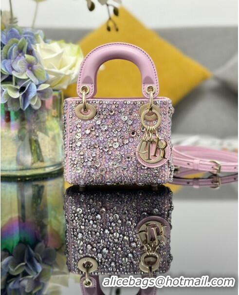 Top Design Dior Lady Dior Micro Bag in Satin with Crystals S0856 Pink 2024