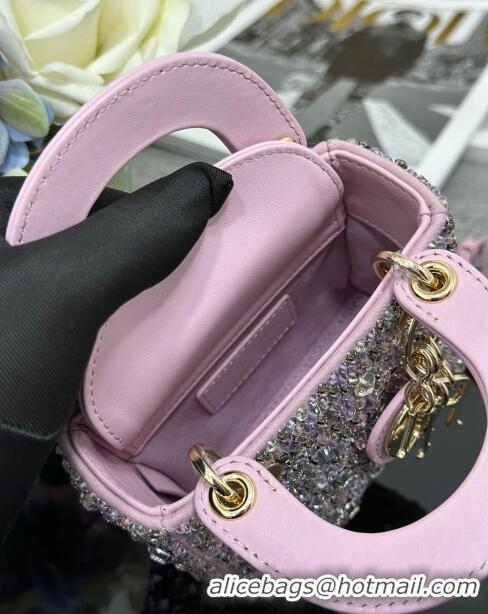 Top Design Dior Lady Dior Micro Bag in Satin with Crystals S0856 Pink 2024