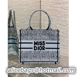 Unique Grade Dior Small Book Tote Bag in Pale Blue and Black Miss Dior Allover Embroidery CD1321 2024