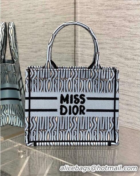 Unique Grade Dior Small Book Tote Bag in Pale Blue and Black Miss Dior Allover Embroidery CD1321 2024