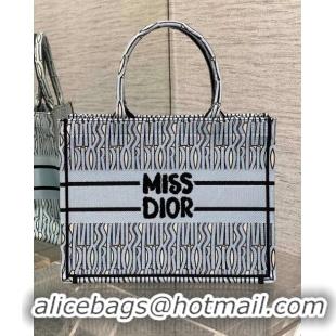 Top Quality Dior Medium Book Tote Bag in Pale Blue and Black Miss Dior Allover Embroidery CD1322 2024