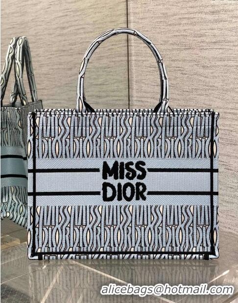 Top Quality Dior Medium Book Tote Bag in Pale Blue and Black Miss Dior Allover Embroidery CD1322 2024