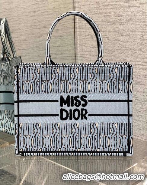 Top Quality Dior Medium Book Tote Bag in Pale Blue and Black Miss Dior Allover Embroidery CD1322 2024