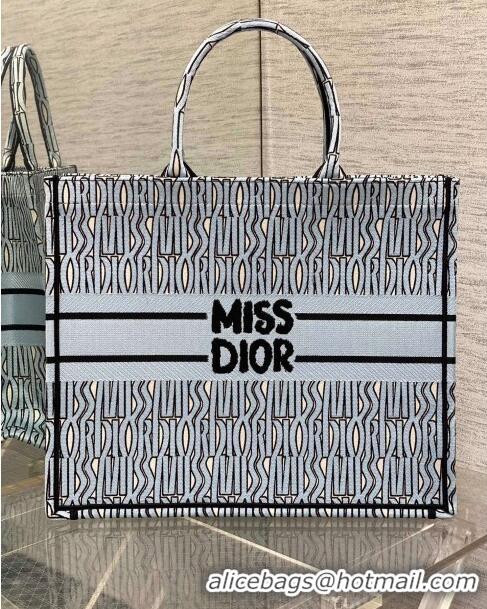 Top Design Dior Large Book Tote Bag in Pale Blue and Black Miss Dior Allover Embroidery CD1323 2024