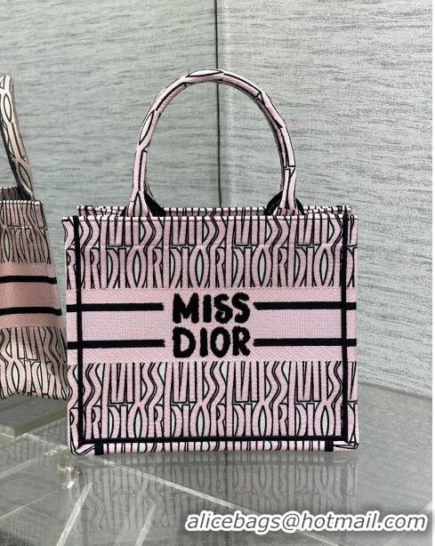 New Fashion Dior Small Book Tote Bag in Pale Pink and Black Miss Dior Allover Embroidery CD1324 2024