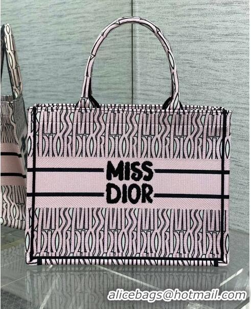 Pretty Style Dior Medium Book Tote Bag in Pale Pink and Black Miss Dior Allover Embroidery CD1325 2024