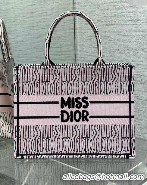 Pretty Style Dior Medium Book Tote Bag in Pale Pink and Black Miss Dior Allover Embroidery CD1325 2024