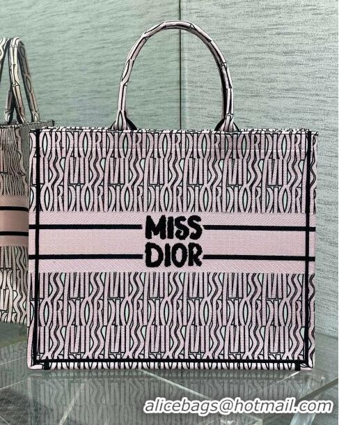 Super Quality Dior Large Book Tote Bag in Pale Pink and Black Miss Dior Allover Embroidery CD1326 2024