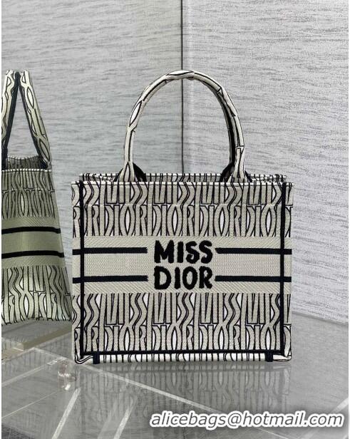 Shop Grade Dior Small Book Tote Bag in Beige and Black Miss Dior Allover Embroidery CD1327 2024