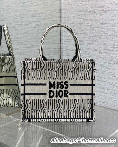 Shop Grade Dior Small Book Tote Bag in Beige and Black Miss Dior Allover Embroidery CD1327 2024