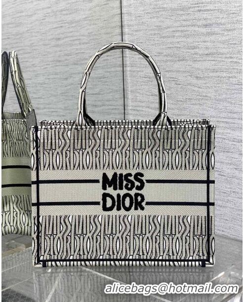 Buy Fashionable Dior Medium Book Tote Bag in Beige and Black Miss Dior Allover Embroidery CD1328 2024