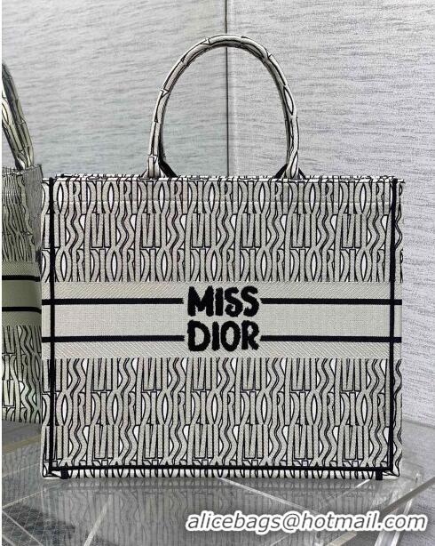 Shop Luxurious Dior Large Book Tote Bag in Beige and Black Miss Dior Allover Embroidery CD1329 2024