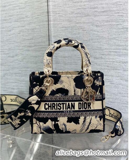 New Fashion Dior Medium Lady D-Lite Bag in Beige and Black Fleurs Mystiques Embroidery CD1330 2024