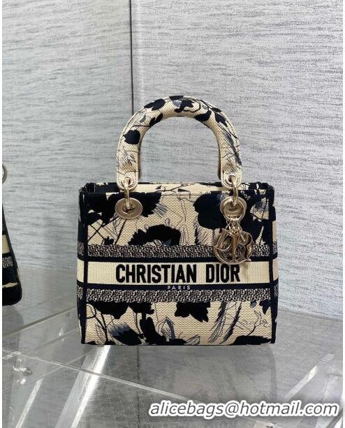 New Fashion Dior Medium Lady D-Lite Bag in Beige and Black Fleurs Mystiques Embroidery CD1330 2024