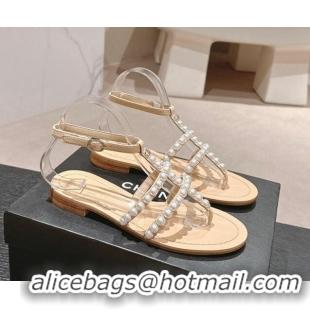 Good Product Chanel Calfskin Flat Thong Sandals with Pearls Beige 722102