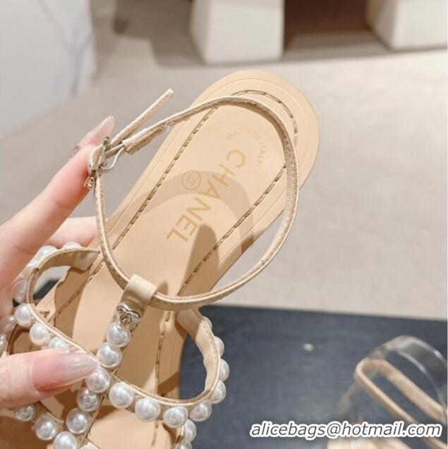 Good Product Chanel Calfskin Flat Thong Sandals with Pearls Beige 722102