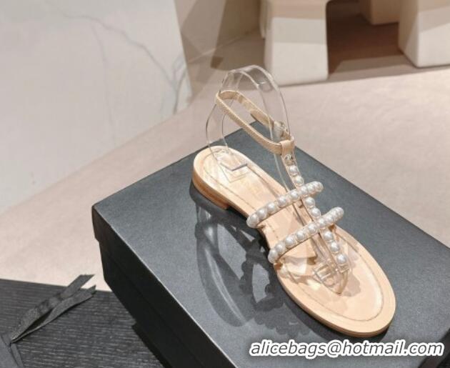 Good Product Chanel Calfskin Flat Thong Sandals with Pearls Beige 722102