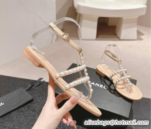 Good Product Chanel Calfskin Flat Thong Sandals with Pearls Beige 722102