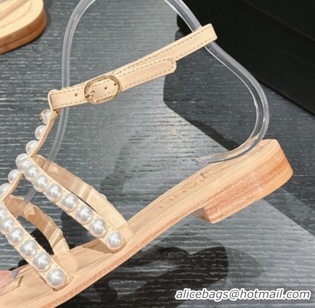 Good Product Chanel Calfskin Flat Thong Sandals with Pearls Beige 722102