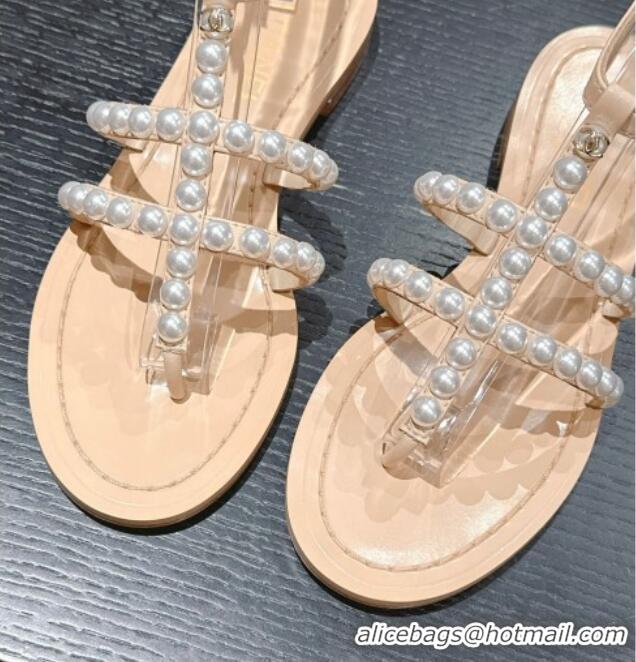 Good Product Chanel Calfskin Flat Thong Sandals with Pearls Beige 722102