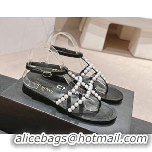 Classic Hot Chanel Calfskin Flat Sandals with Pearls Black 722103