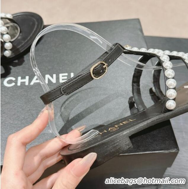 Classic Hot Chanel Calfskin Flat Sandals with Pearls Black 722103