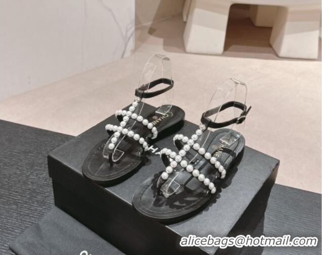 Classic Hot Chanel Calfskin Flat Sandals with Pearls Black 722103