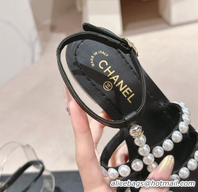 Classic Hot Chanel Calfskin Flat Sandals with Pearls Black 722103